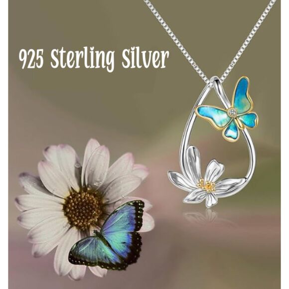 Jewelry - 925 Sterling Silver Teardrop Blue Enamel Butterfly & Daisy Flower Necklace